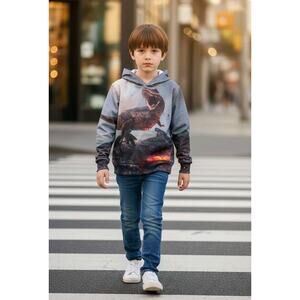 Boy's T REX Dinosaur Hoodie With Pockets Sweatshirt Back Front Print Size 6-7
